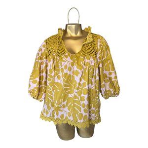 Sundance Cotton, Printed Babydoll Top with Crocheted Details, Size X-Small